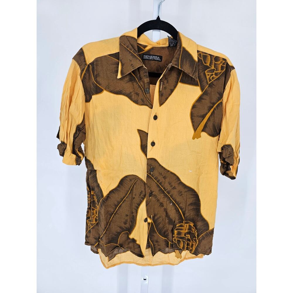 Vtg Generra Collection mens Sz S Short Sleeve Camp Shirt Brown Yellow Palm Print